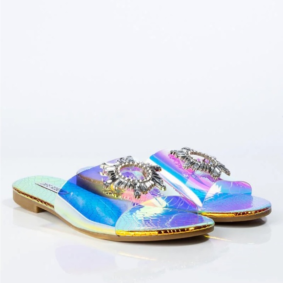 CAPE ROBBIN Frozen Sandal in Mermaid. Iridescent Holographic PVC w/ Crystal New - Picture 3 of 6